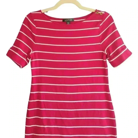 Ralph Lauren Red & White Striped Knit Short Sleeve Sheath Shirt Dress - Picture 2 of 6